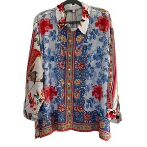 Chelsea & Theodore button up women XXL shirt Floral Multicolor Roll Tap Sleeves
